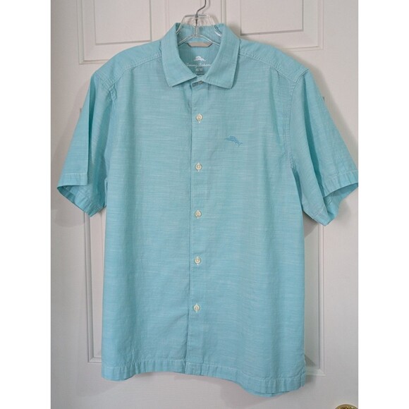 Tommy Bahama Button Shirt Mens Medium S/S Aqua Blue Cotton Logo Lightweight - Picture 1 of 7